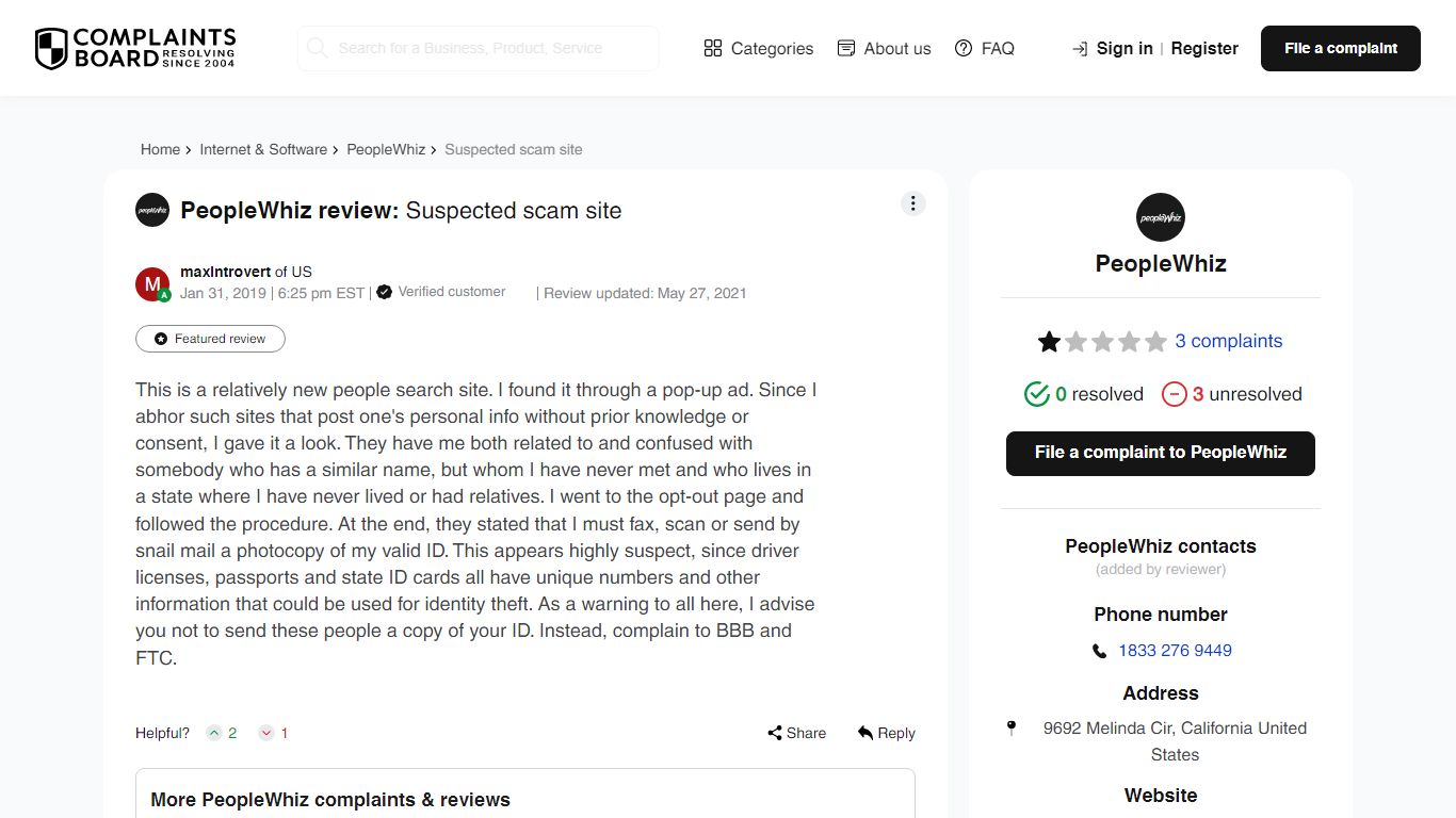 PeopleWhiz Review: Suspected scam site - ComplaintsBoard.com