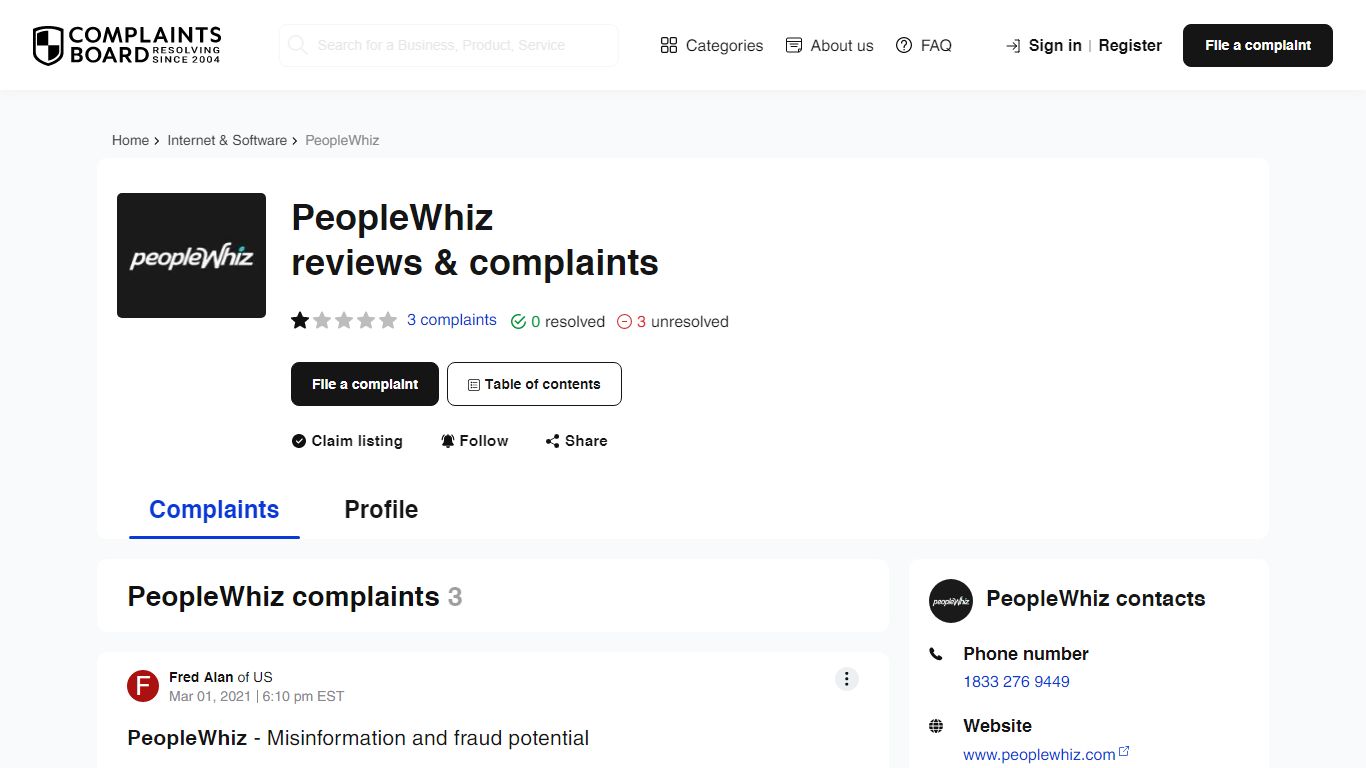 PeopleWhiz: Reviews, Complaints, Customer Claims